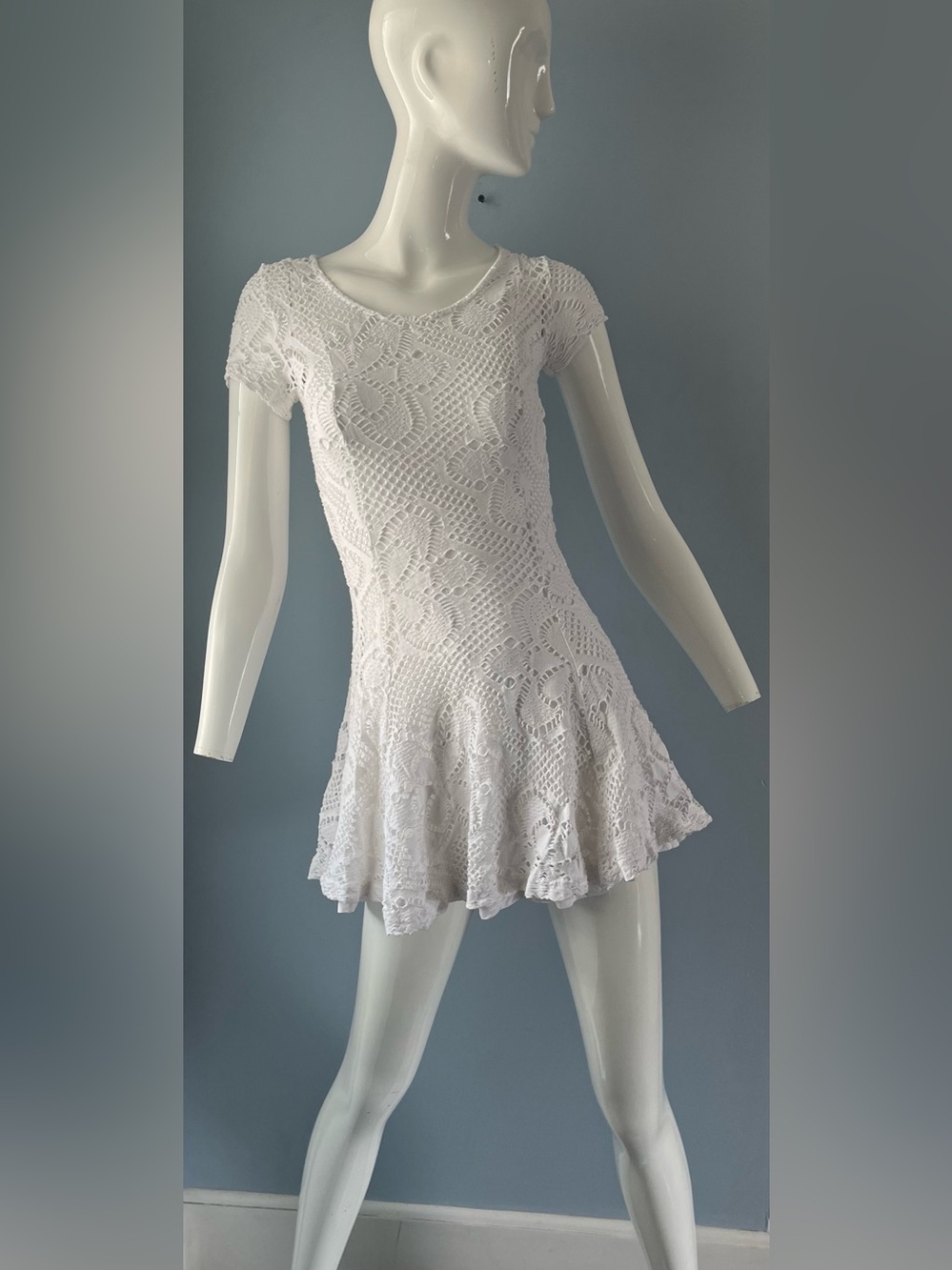 Topshop White Stretch Cotton Crochet Fit & Flare Bodycon Mini Dress Size 2